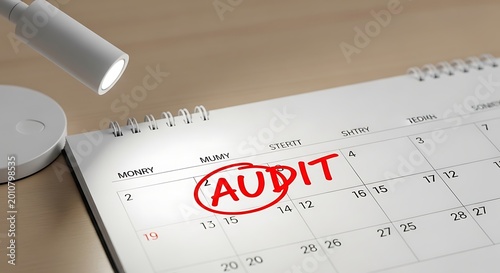 Scheduled Audit Marked on a Calendar Under a Desk Lamp