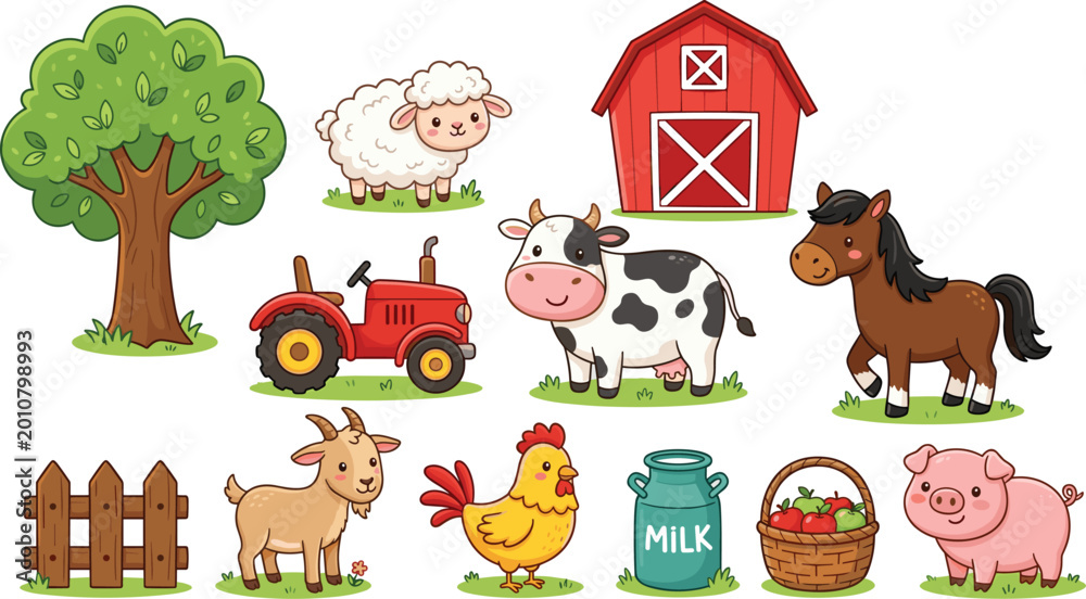 Obraz premium Cute Farm Animals and Agriculture Elements Collection with Cow Horse Sheep Pig Chicken Tractor Barn Tree Milk Basket Cartoon Vector Set