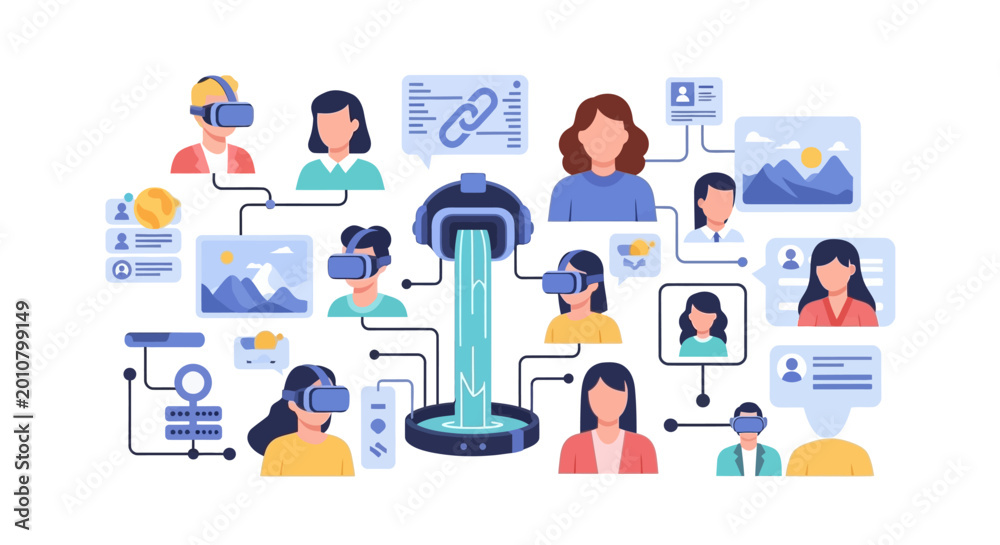 Fototapeta premium People wearing VR headsets connected to central holographic fountain
