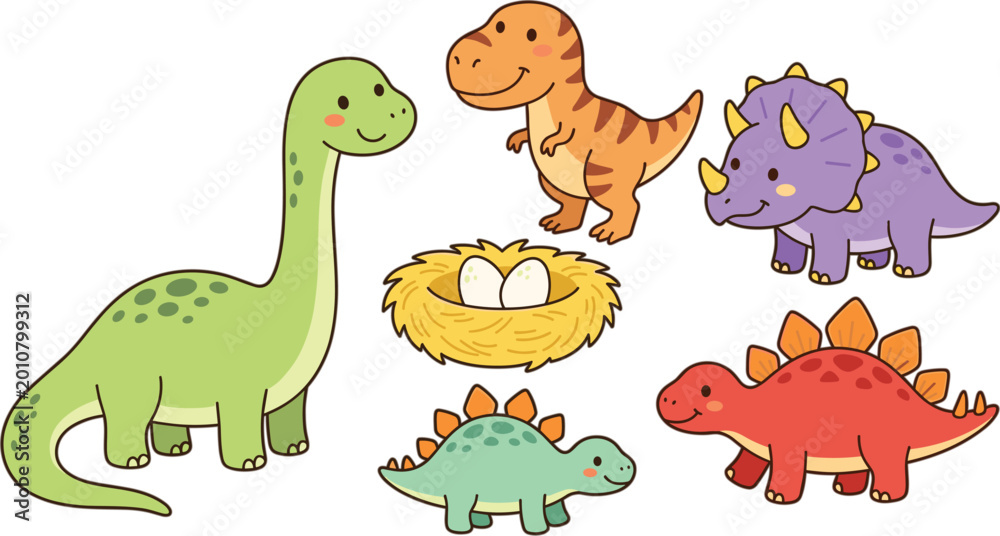 Naklejka premium Cute Dinosaur Cartoon Collection with T Rex Triceratops Stegosaurus Brontosaurus and Eggs Nest Colorful Kawaii Style Vector Illustration Set