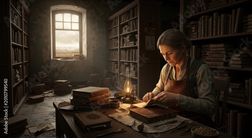 Woman bookbinder working on vintage tome in ancient library studio