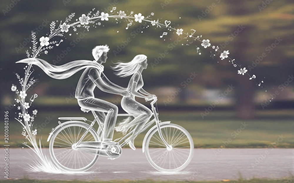 Fototapeta premium A couple rides a tandem bike surrounded by flowers and music notes.