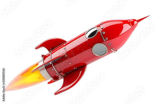 Red retro rocket ship blasting off on transparent background