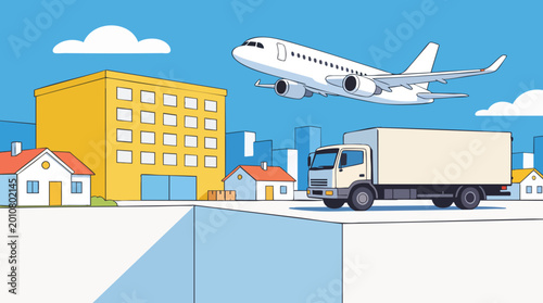 Εκτύπωση καμβά Logistics and Transportation Concept with Airplane Flying Over City and Truck