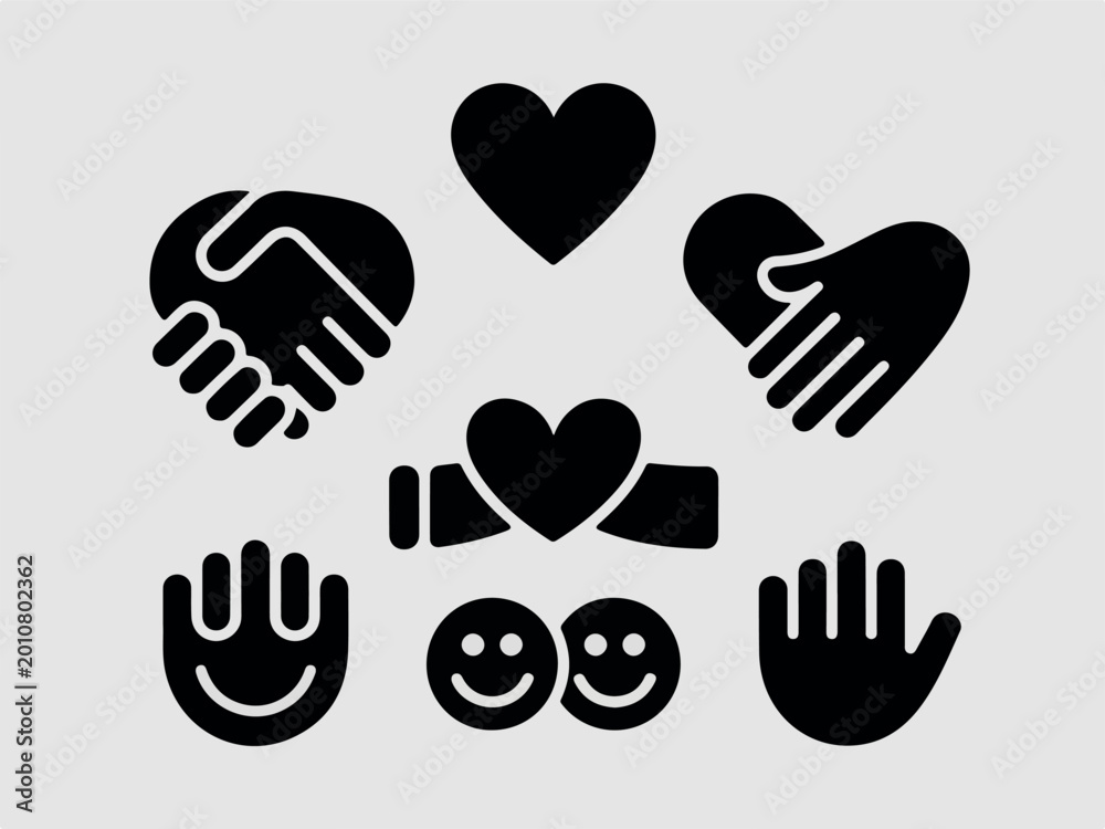 Obraz premium Black friendship handshakes, hearts, and smiley faces set