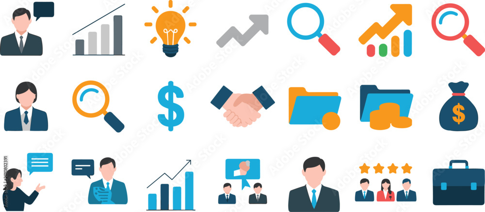 Fototapeta premium Business finance and marketing icon set with analytics growth communication sales strategy and corporate management concepts