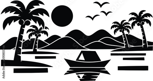 Cuadro en lienzo Tropical island getaway with palm trees and boat