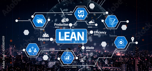 Fotografía This image showcases a conceptual representation of lean management principles, illustrating key elements like efficiency and waste reduction against a modern city backdrop