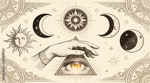 Schilderij op canvas Mystical Occult Alchemy Design: The All-Seeing Eye and Celestial Bodies
