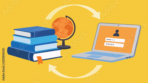 Online Education Concept with Laptop Login, Stack of Books and Global Learning