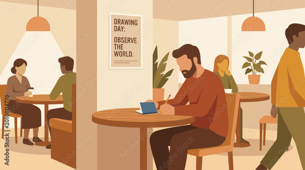 Fototapeta premium Man Sketching in a Cozy Cafe Flat Vector Illustration