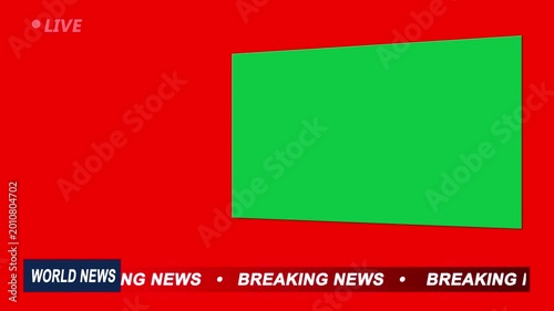 Live World News Studio Background with Green Screen Key: Virtual TV Newsroom Set Loop with Solid Red Backdrop and Lower Third Ticker Tape Overlay for Broadcast Journalism and Video Editing
