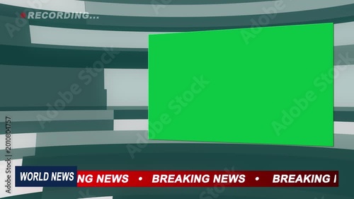 Virtual News Studio Background with Green Screen and Recording Indicator: TV Newsroom Set Loop with World News Ticker Tape Overlay for Broadcast Journalists and Video Editors