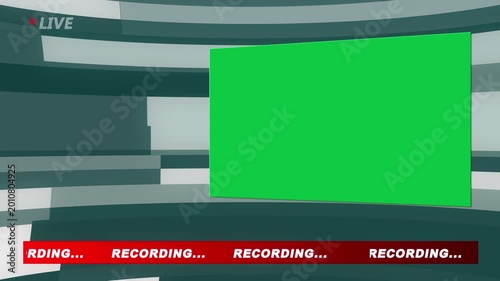 Virtual News Studio Background with Green Screen Key: TV Newsroom Set Loop with Red Recording Ticker Tape Overlay for Broadcast Journalists and Video Editors