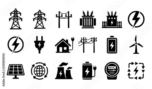 Photos Electric power transmission tower and energy grid icon set with high voltage lin