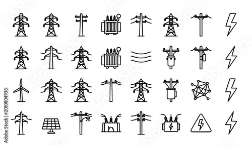 Quadro su tela Electric power transmission tower and energy grid icon set with high voltage lin