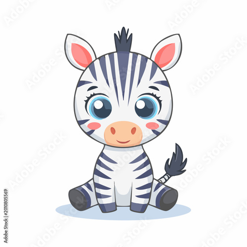 Adorable baby zebra sitting and smiling, cute cartoon zebra foal character