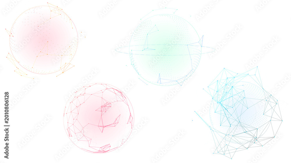 Obraz premium PNG image of Abstract digital plexus spheres set, futuristic geometric network globes in pastel colors, 4 glowing wireframe orb elements for technology design isolated on Transparent Background