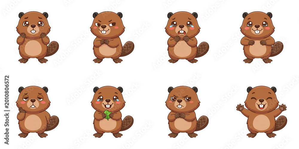 Fototapeta premium Deformed series: beaver illustration, cute beaver character set with different facial expressions, Generative AI デフォルメシリーズ：ビーバーイラスト、異なる表情をした可愛いビーバーのキャラクターセット、AI生成