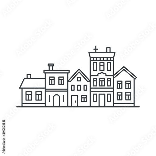 Simple black and white line drawing depicting a row of charming classic small city houses