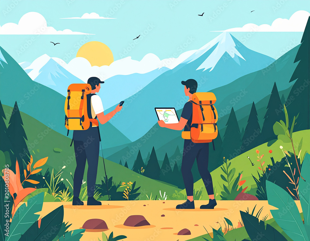 Fototapeta premium Senior Couple Hiking on Mountain Path at Sunset Active Elderly People Backpacking and Trekking in Nature Retirement Lifestyle Illustration