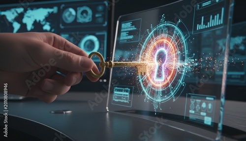 Hand holding antique key to unlock futuristic digital lock interface with futuristic interface security technology computer authentication
