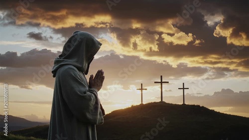 Praying Near Crosses at Sunset
