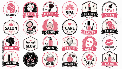 Beauty Salon Sticker Pack. AI Generated White Background SVG Vector Collection with Dense Sticker Sheet, Badge Labels, Icons, Promo Marks and Isolated Commercial Design Elements, beauty stickers
