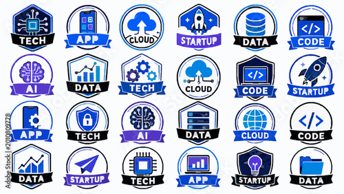 Tech Startup Icon Labels Pack. AI Generated White Background SVG Vector Collection with Dense Sticker Sheet, Badge Labels, Icons, Promo Marks and Isolated Commercial Design Elements