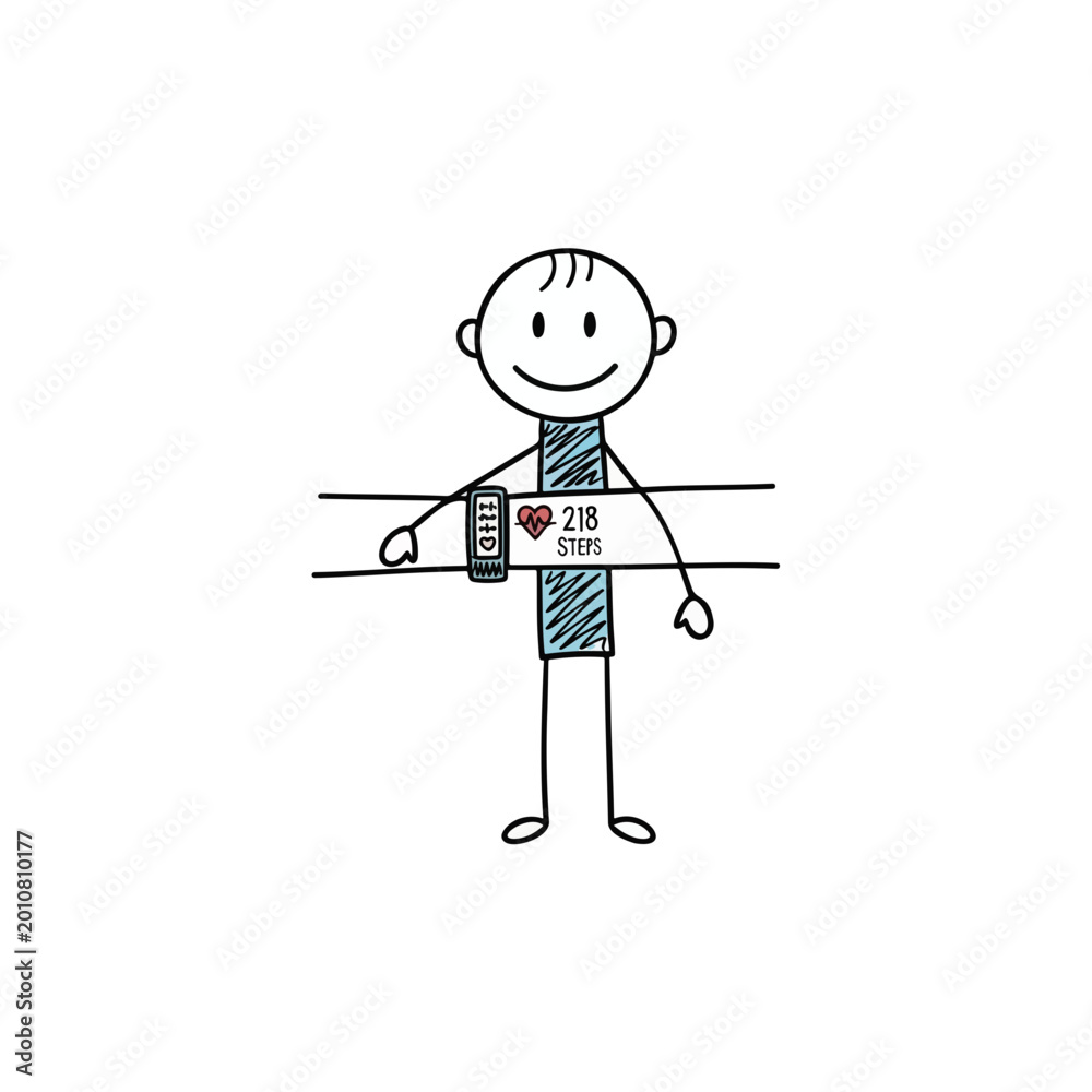 Fototapeta premium Stick figure man checking fitness tracker and tracking steps for wellness