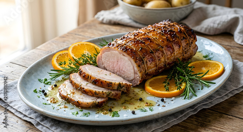 Roasted pork loin with citrus and herbs on a serving platter