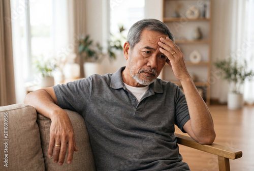 Stressed senior asian man sitting on a sofa and holding his forehead