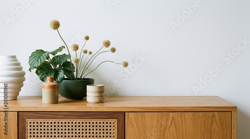 Wooden cabinet and accessories decor in living room interior on empty white wall background