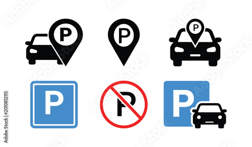 Schilderij op canvas Parking signs and silhouette icons for car parking