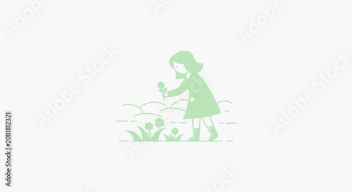 Foto Little girl picking green plant flowers.