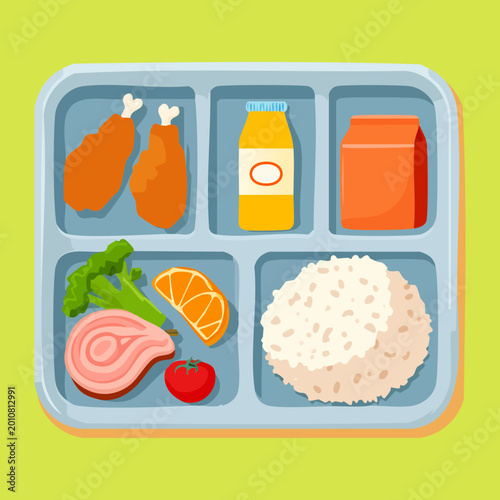 colorful school lunch tray featuring fried chicken drumsticks warm rice and sweet strawberry dessert - Vector Illustration