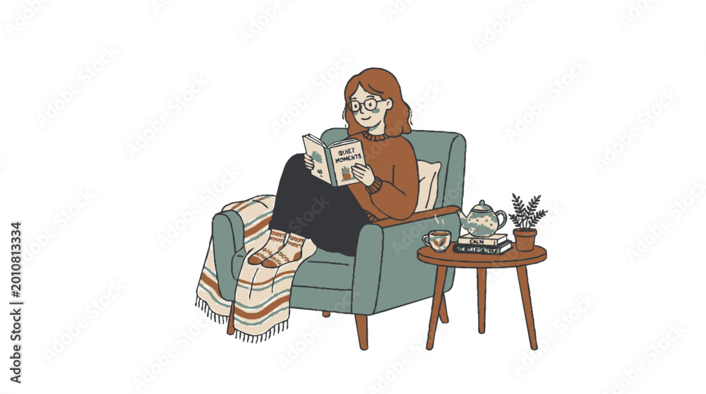 Fototapeta premium A woman cozily reading a book in a comfortable armchair next to a small table with a cup of tea 