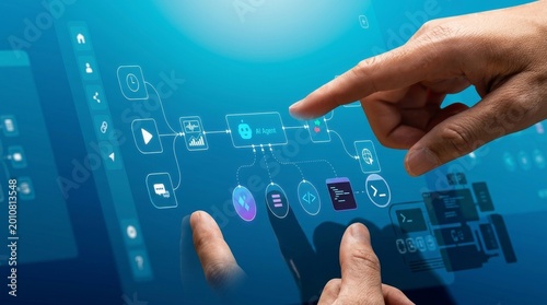 Hand pointing at digital workflow interface with AI agent node, process flow diagram, and connected system icons, representing automation workflow, data integration, and intelligent system operation 