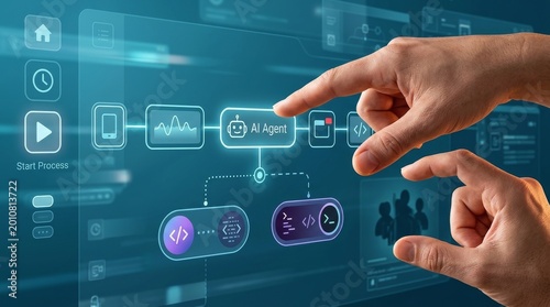 Hand pointing at digital workflow interface with AI agent node, process flow diagram, and connected system icons, representing automation workflow, data integration, and intelligent system operation 