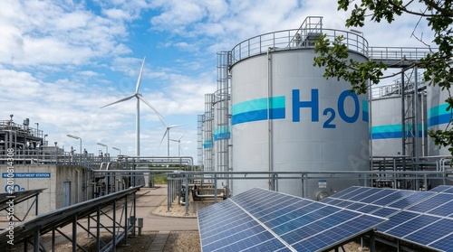 Green hydrogen plant with storage tanks wind turbines and solar panels for renewable clean energy and sustainable power industry- 3D rendering