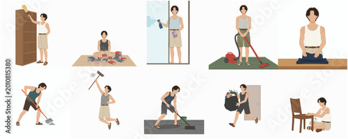 Quadro su tela Collection of Housekeeping and Chore Illustrations Depicting Domestic Tasks Perf