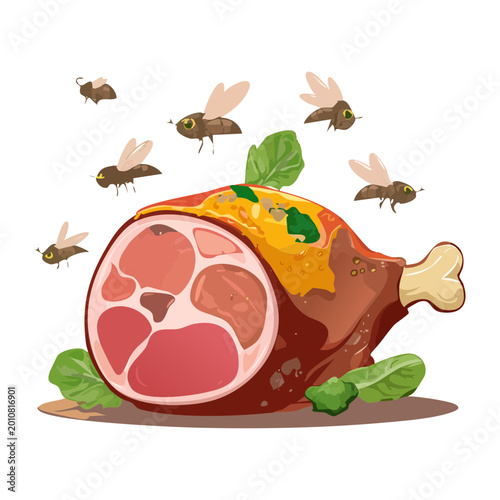 Canvas Print spoiled rotten meat ham block with many flies buzzing around great for education