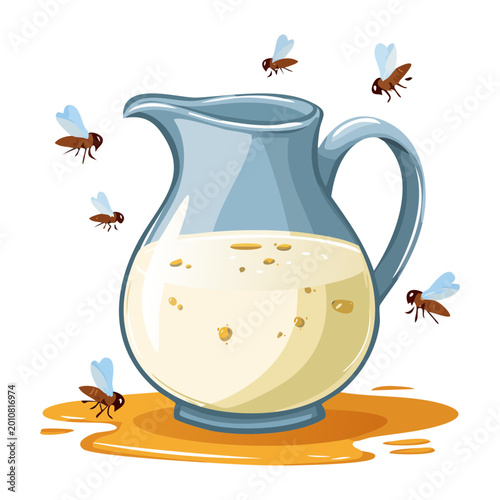 Принти на полотні fresh milk jug pitcher with flies buzzing around top opening ideal for menu desi