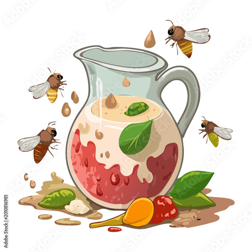 Принти на полотні spoiled milk jug pitcher with dirty stains and buzzing flies excellent for kitch