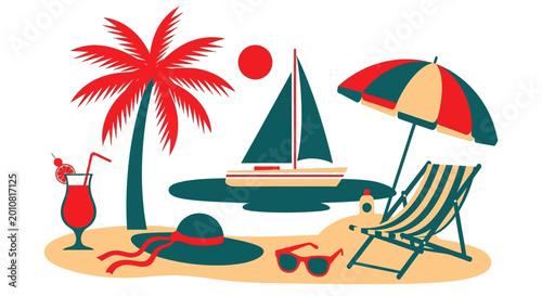 Foto Beach vacation icons, summer tropical symbols, colorful beachwear illustrations,