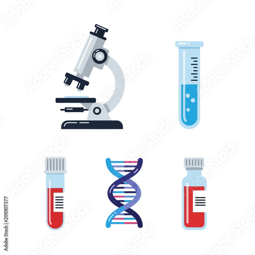 Microscope DNA Test Tubes and Blood Samples Scientific Research Icons.