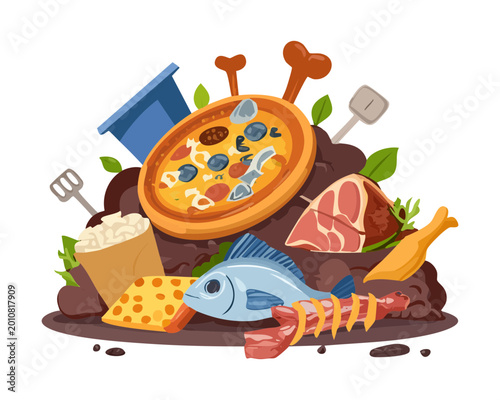 A Realistic Depiction Of Spoiled Messy Garbage Heap Containing Decomposing Meat Bones And Rotten Leftover - Vector Illustration