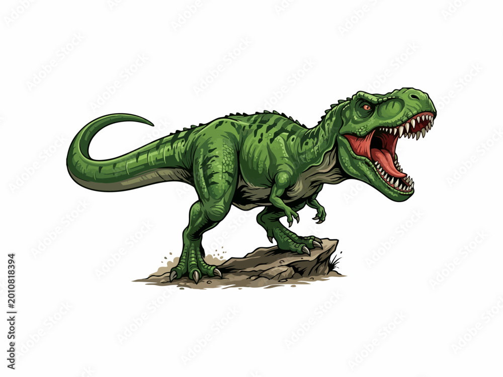 Fototapeta premium Roaring Green Tyrannosaurus Rex Illustration - Fierce Cartoon T-Rex Predator Vector Isolated on White
