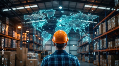 Global supply chain management and logistics planning displayed on a digital world map.