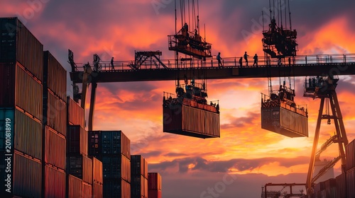 Workers operating cranes lifting shipping containers at a busy seaport during sunrise